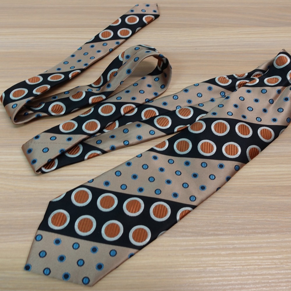 Art Deco Polka Dot Tie Mens Tan Black Striped Orange Blue 70s Funky KARL KNOX